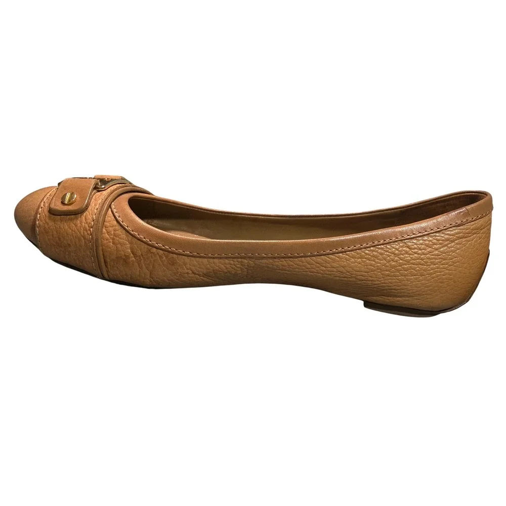 Tory Burch Reva Tan Tumbled Leather Logo Ballet Flats Gold Hardware Size 9M